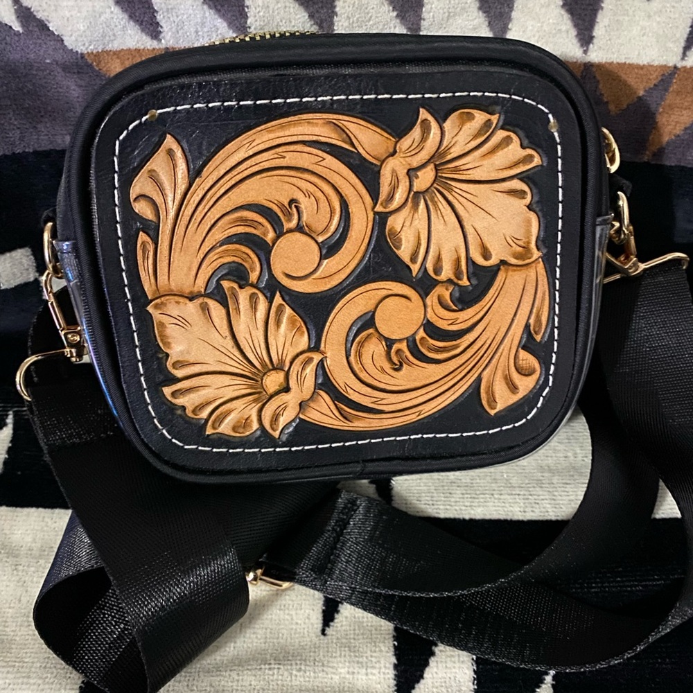 Tooled leather clear crossbody